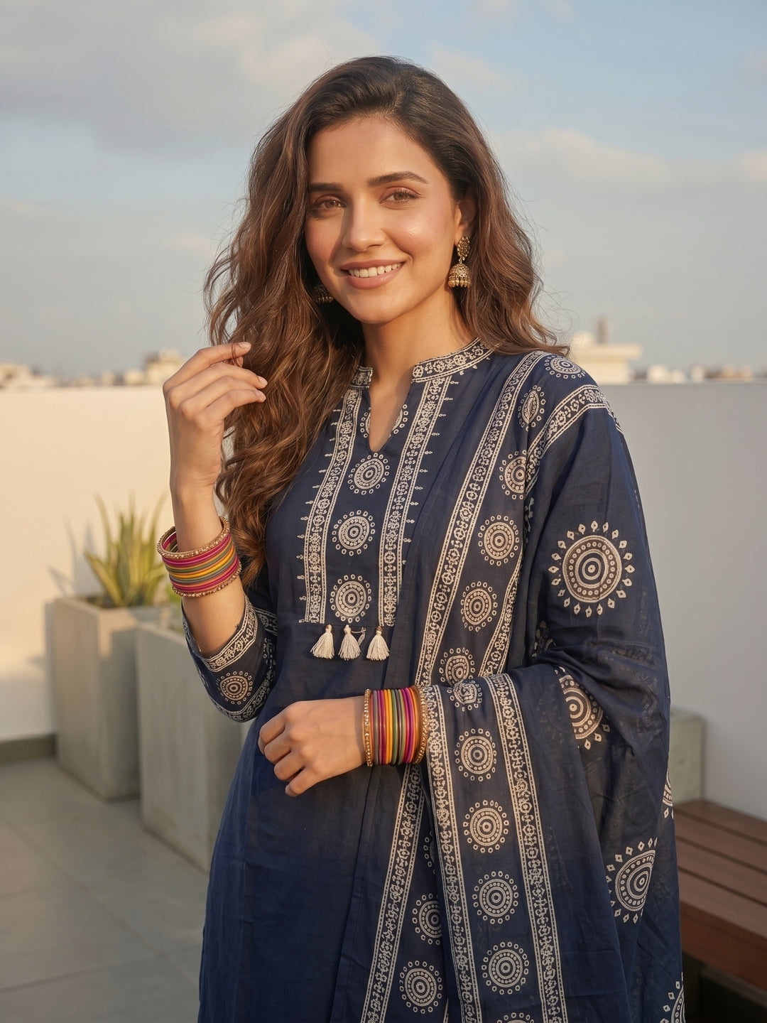 Solid Cotton Straight Kurta with Pyjama & Printed Voile Dupatta - Navy Blue