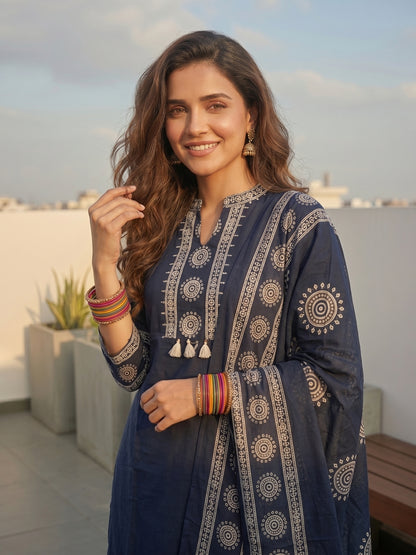 Solid Cotton Straight Kurta with Pyjama & Printed Voile Dupatta - Navy Blue