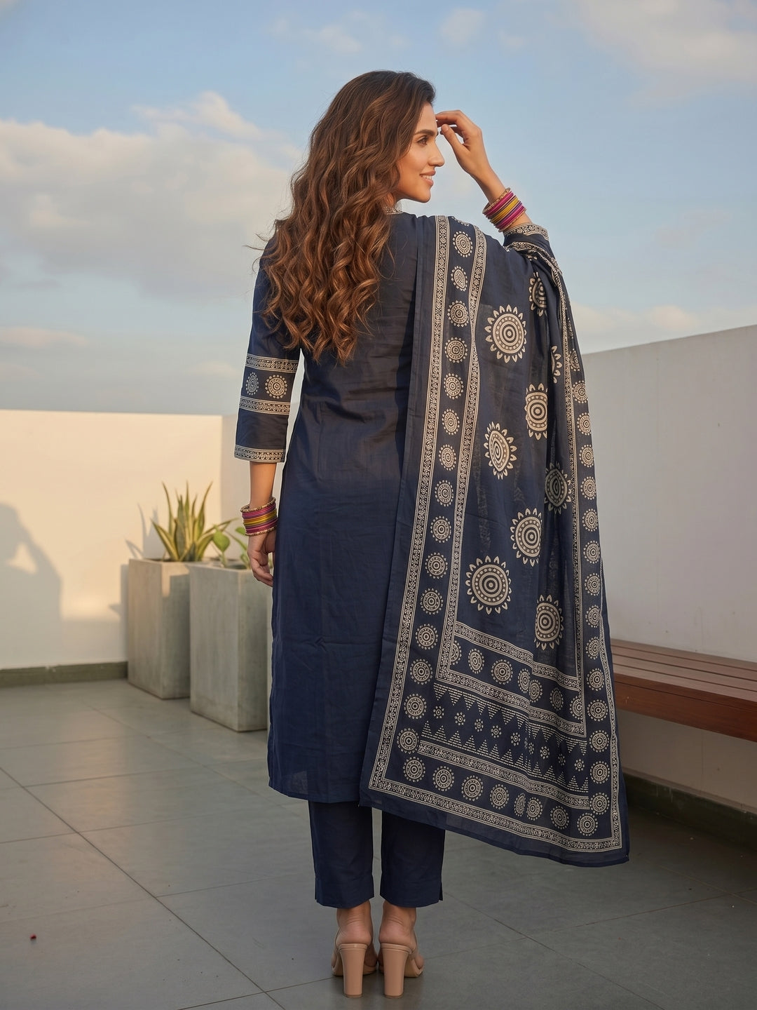 Solid Cotton Straight Kurta with Pyjama & Printed Voile Dupatta - Navy Blue