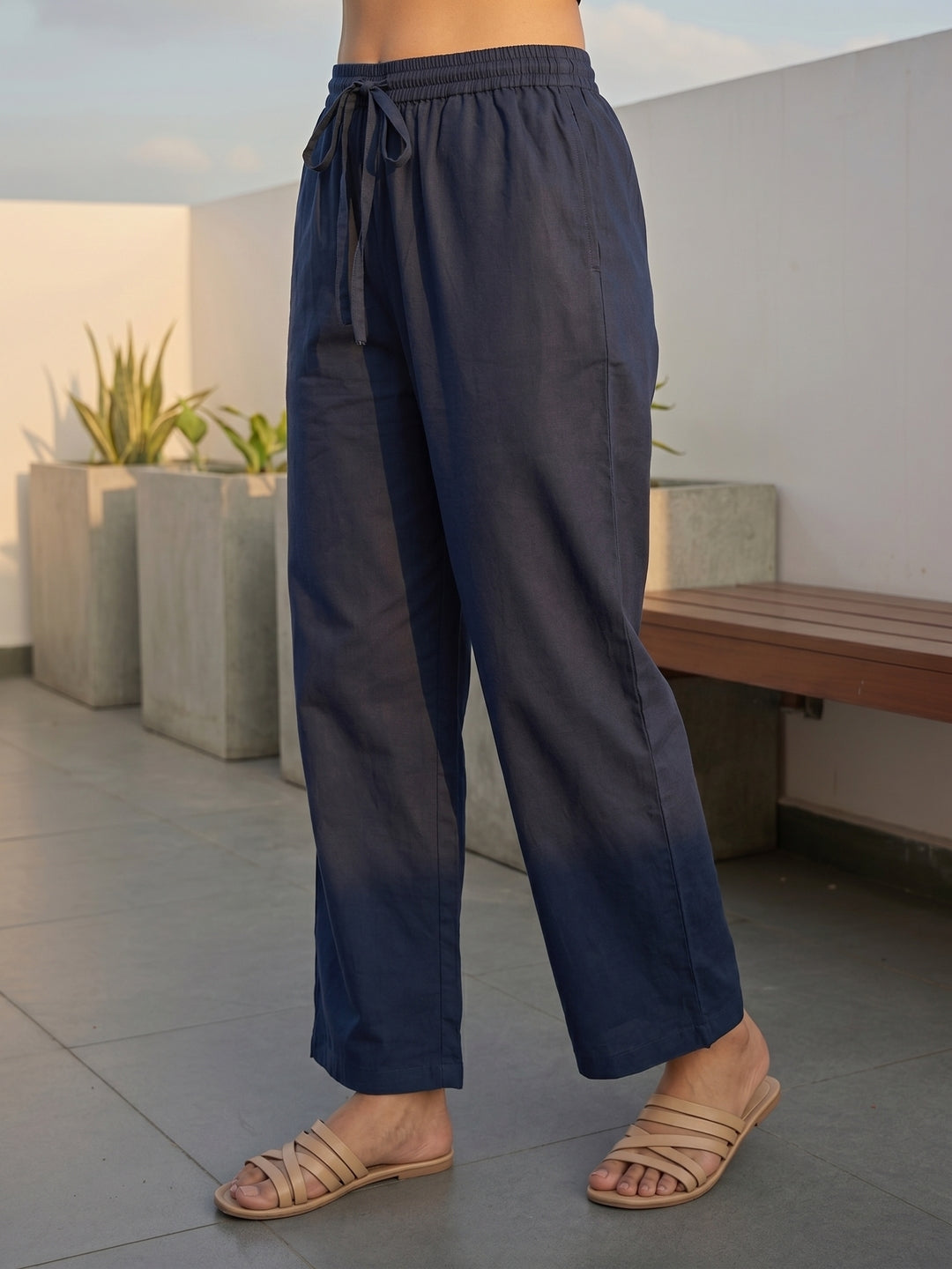 Solid Cotton Straight Kurta with Pyjama & Printed Voile Dupatta - Navy Blue