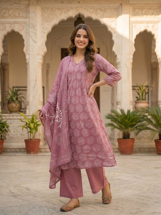Abstract Printed Lace & Sequin A-Line Kurta with Pant & Dupatta - Mauve