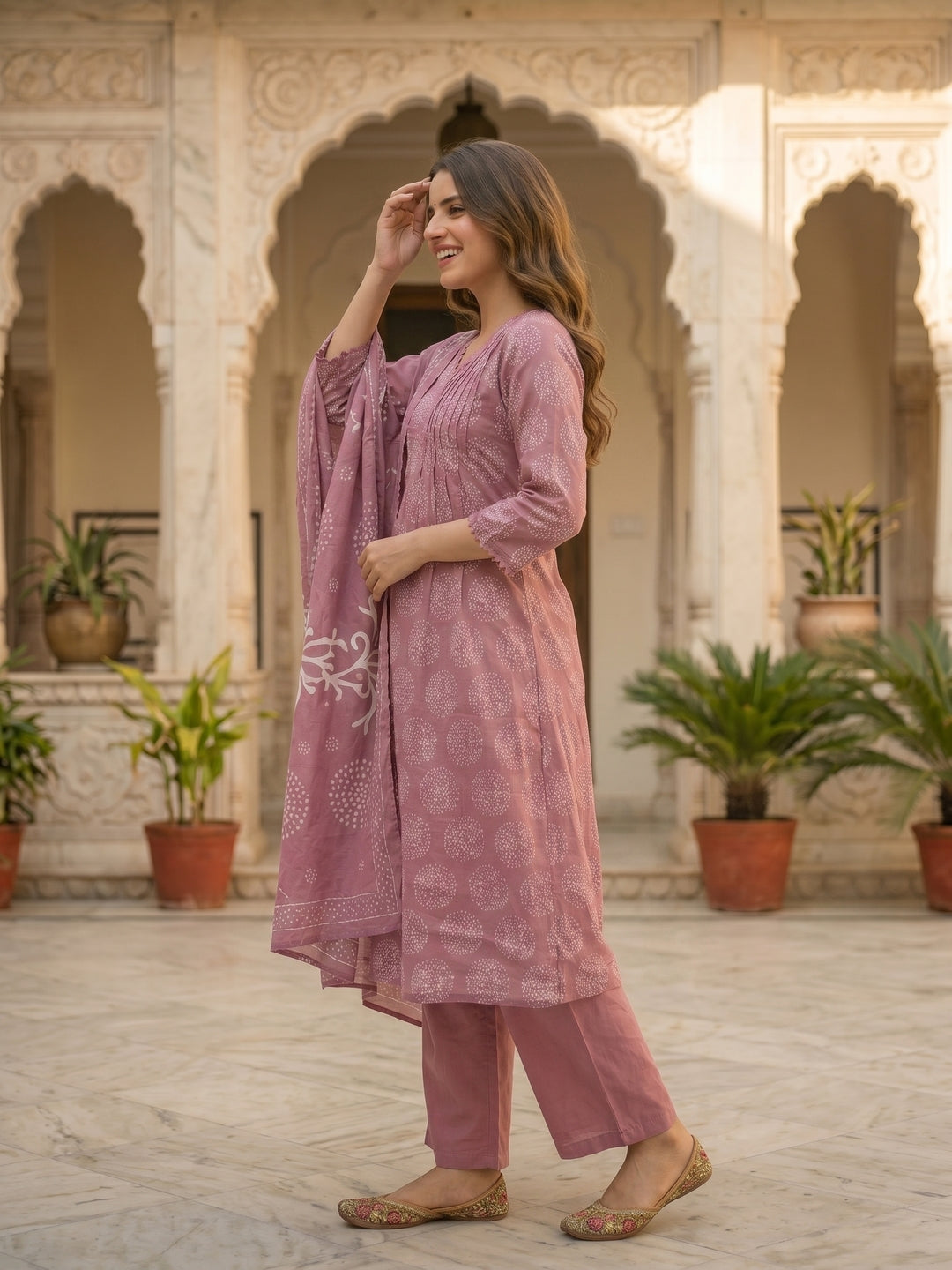 Abstract Printed Lace & Sequin A-Line Kurta with Pant & Dupatta - Mauve