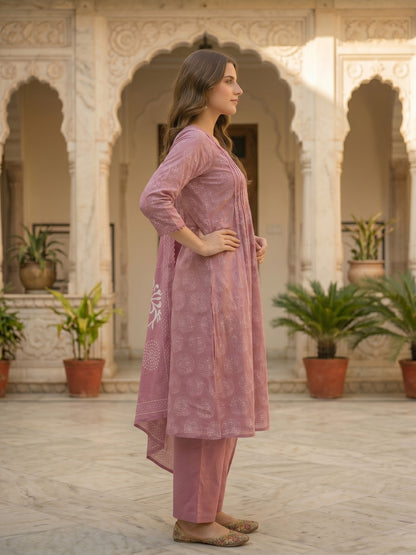 Abstract Printed Lace & Sequin A-Line Kurta with Pant & Dupatta - Mauve