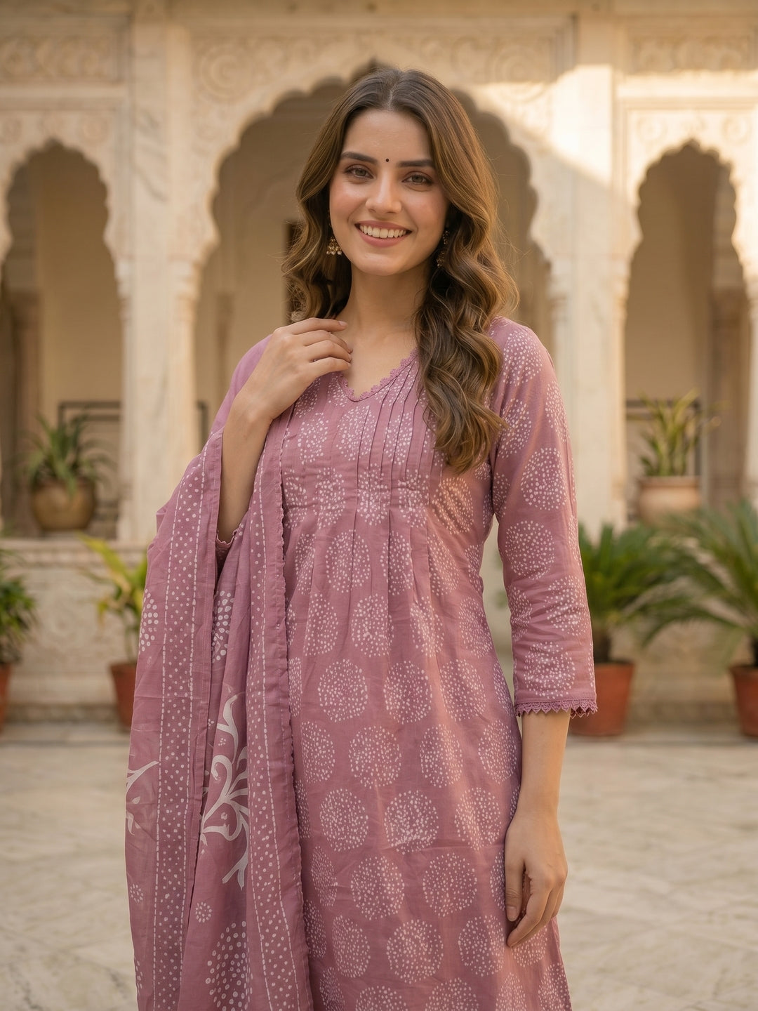 Abstract Printed Lace & Sequin A-Line Kurta with Pant & Dupatta - Mauve