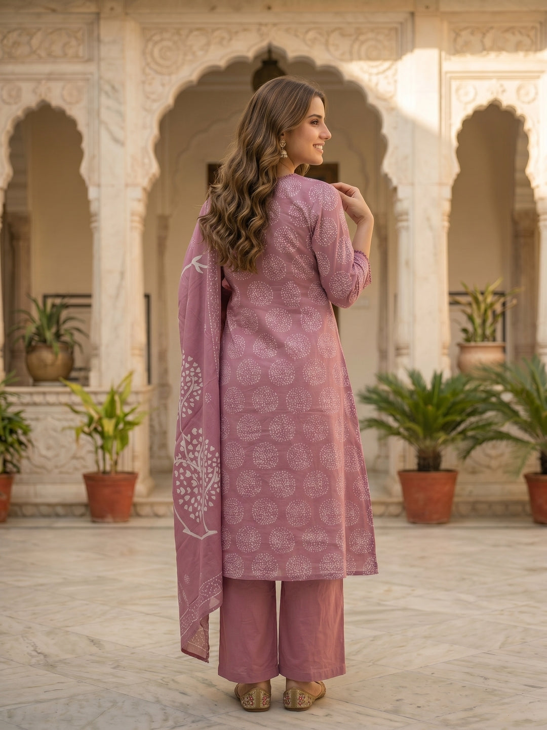 Abstract Printed Lace & Sequin A-Line Kurta with Pant & Dupatta - Mauve