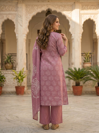 Abstract Printed Lace & Sequin A-Line Kurta with Pant & Dupatta - Mauve