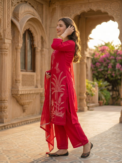 Botanical Embroidered Straight Kurta with Pant & Dupatta - Deep Pink