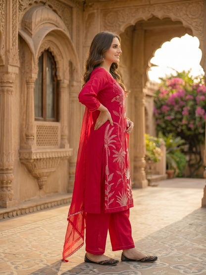 Botanical Embroidered Straight Kurta with Pant & Dupatta - Deep Pink