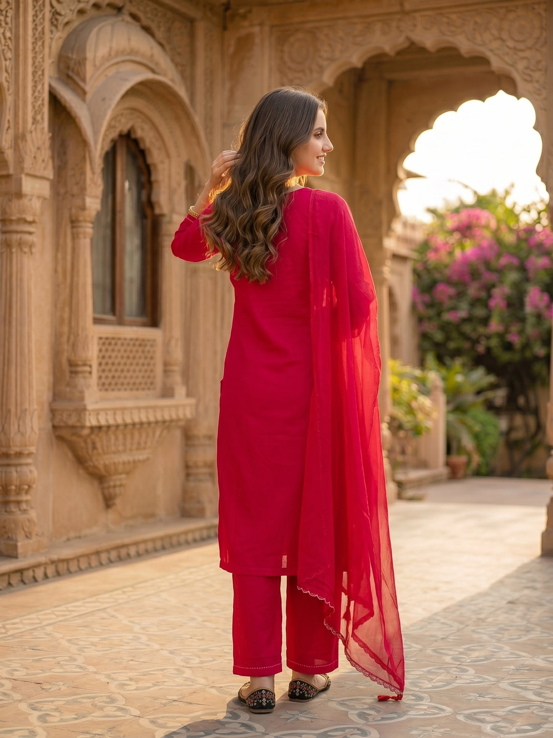 Botanical Embroidered Straight Kurta with Pant & Dupatta - Deep Pink