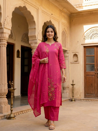 Floral Embroidered Straight Cotton Kurta with Pant & Voile Dupatta - Pink