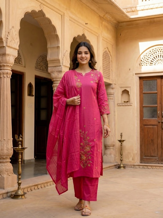 Floral Embroidered Straight Cotton Kurta with Pant & Voile Dupatta - Pink