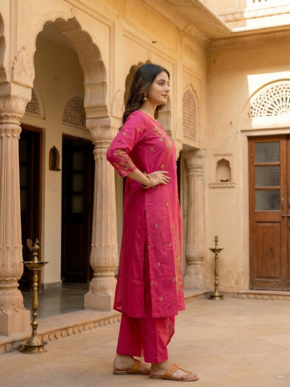 Floral Embroidered Straight Cotton Kurta with Pant & Voile Dupatta - Pink