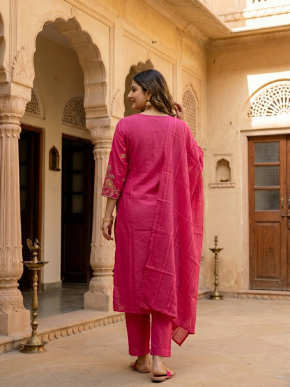 Floral Embroidered Straight Cotton Kurta with Pant & Voile Dupatta - Pink
