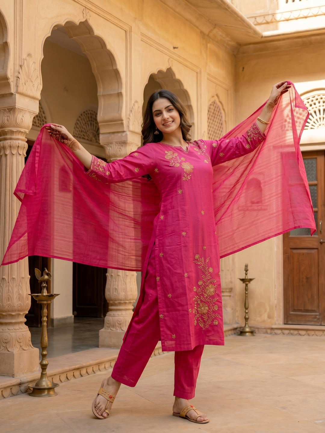Floral Embroidered Straight Cotton Kurta with Pant & Voile Dupatta - Pink