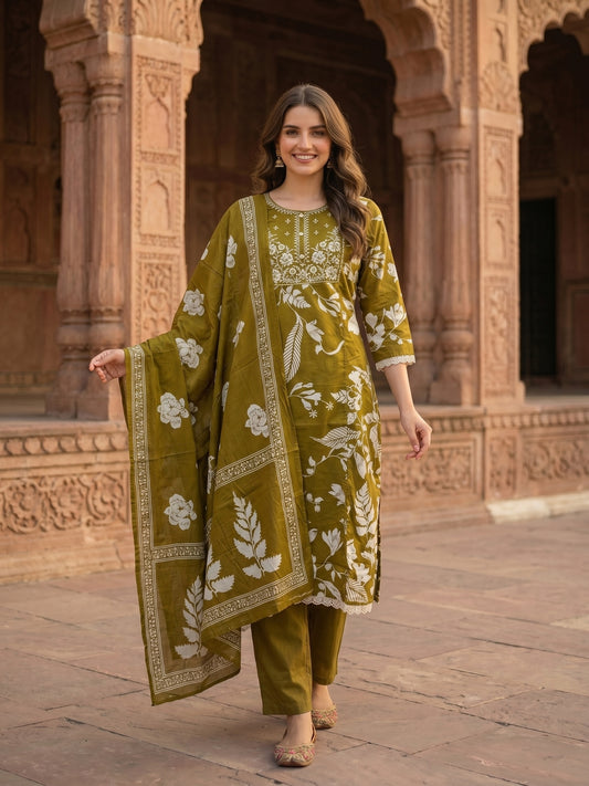 Floral Printed Mirror Work & Embroidered Straight Kurta with Pant & Dupatta - Olive