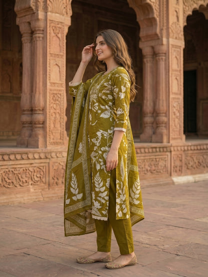 Floral Printed Mirror Work & Embroidered Straight Kurta with Pant & Dupatta - Olive