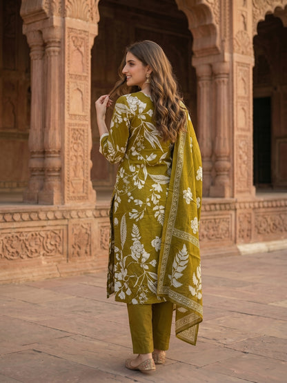 Floral Printed Mirror Work & Embroidered Straight Kurta with Pant & Dupatta - Olive