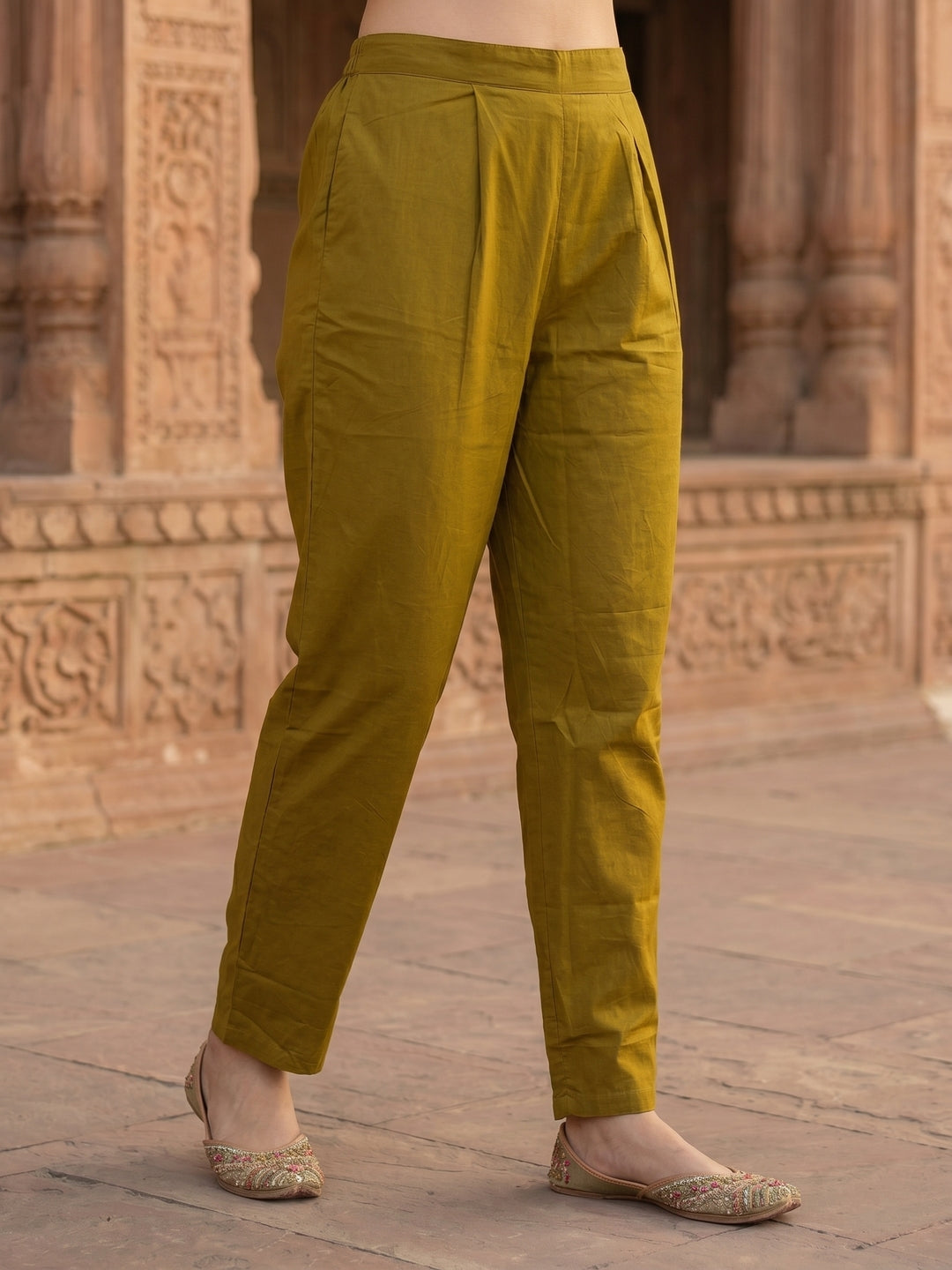 Floral Printed Mirror Work & Embroidered Straight Kurta with Pant & Dupatta - Olive