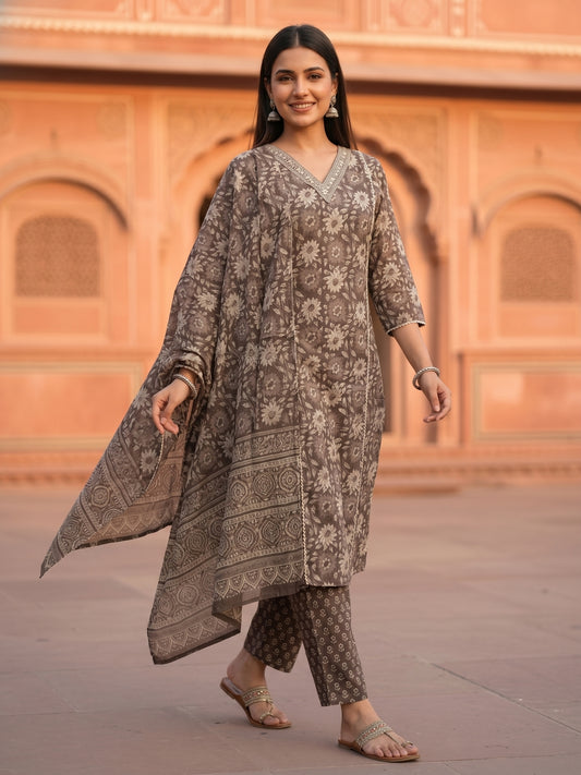 Floral Printed Mirror Work & Embroidered Straight Kurta with Pant & Dupatta - Grey