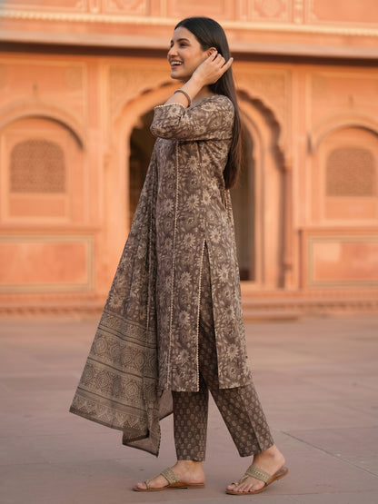 Floral Printed Mirror Work & Embroidered Straight Kurta with Pant & Dupatta - Grey