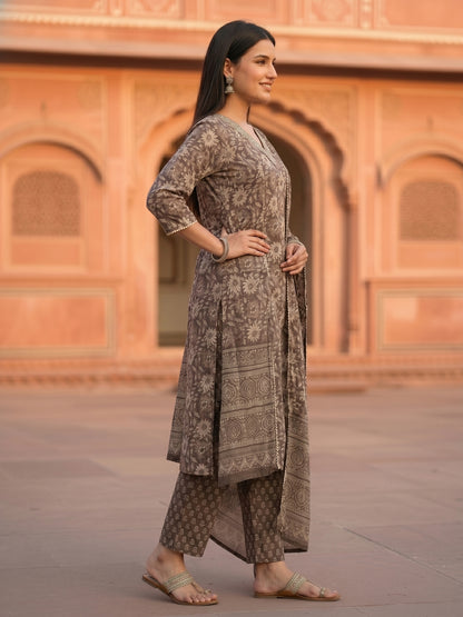 Floral Printed Mirror Work & Embroidered Straight Kurta with Pant & Dupatta - Grey