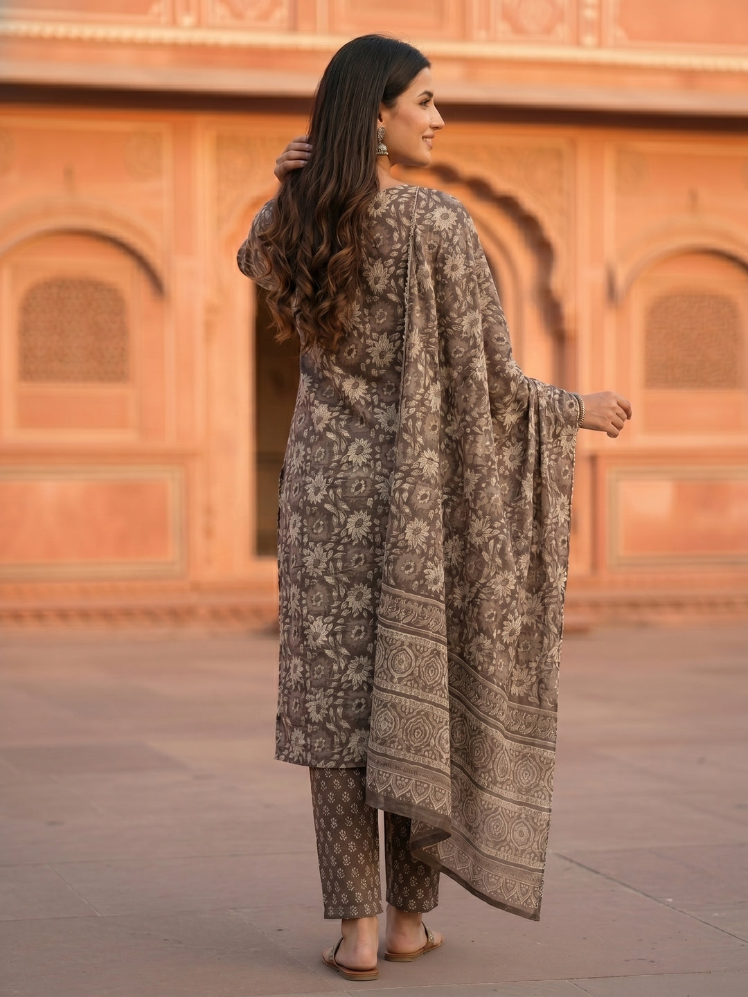 Floral Printed Mirror Work & Embroidered Straight Kurta with Pant & Dupatta - Grey