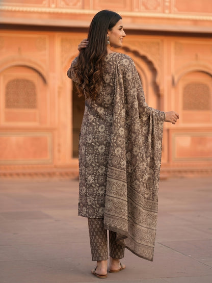 Floral Printed Mirror Work & Embroidered Straight Kurta with Pant & Dupatta - Grey