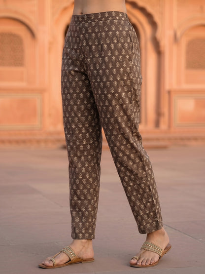 Floral Printed Mirror Work & Embroidered Straight Kurta with Pant & Dupatta - Grey