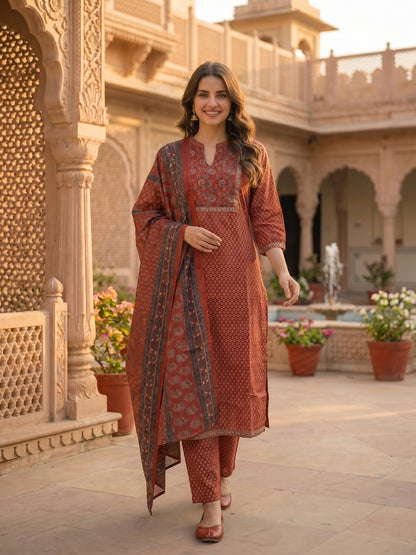 Ethnic Printed & Mirror Work Straight Kurta with Pant & Dupatta - Maroon