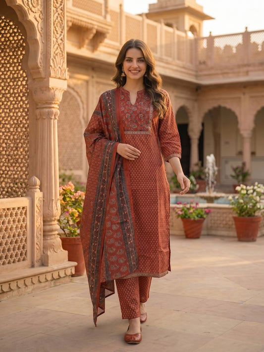 Ethnic Printed & Mirror Work Straight Kurta with Pant & Dupatta - Maroon