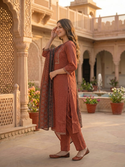 Ethnic Printed & Mirror Work Straight Kurta with Pant & Dupatta - Maroon