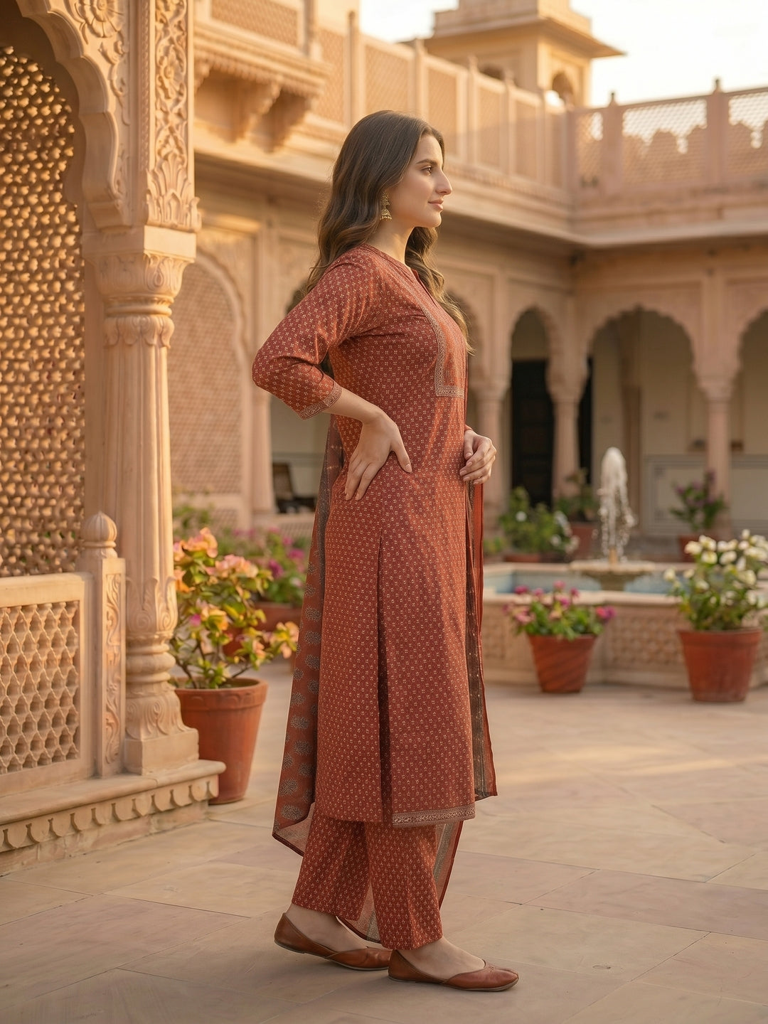 Ethnic Printed & Mirror Work Straight Kurta with Pant & Dupatta - Maroon