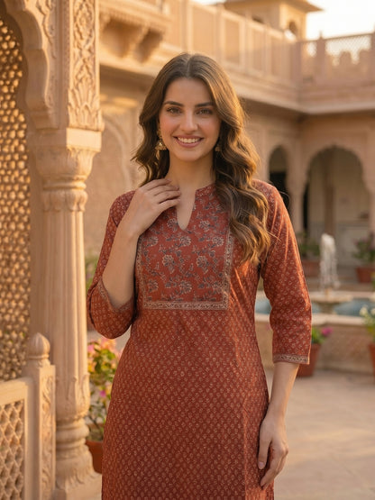 Ethnic Printed & Mirror Work Straight Kurta with Pant & Dupatta - Maroon