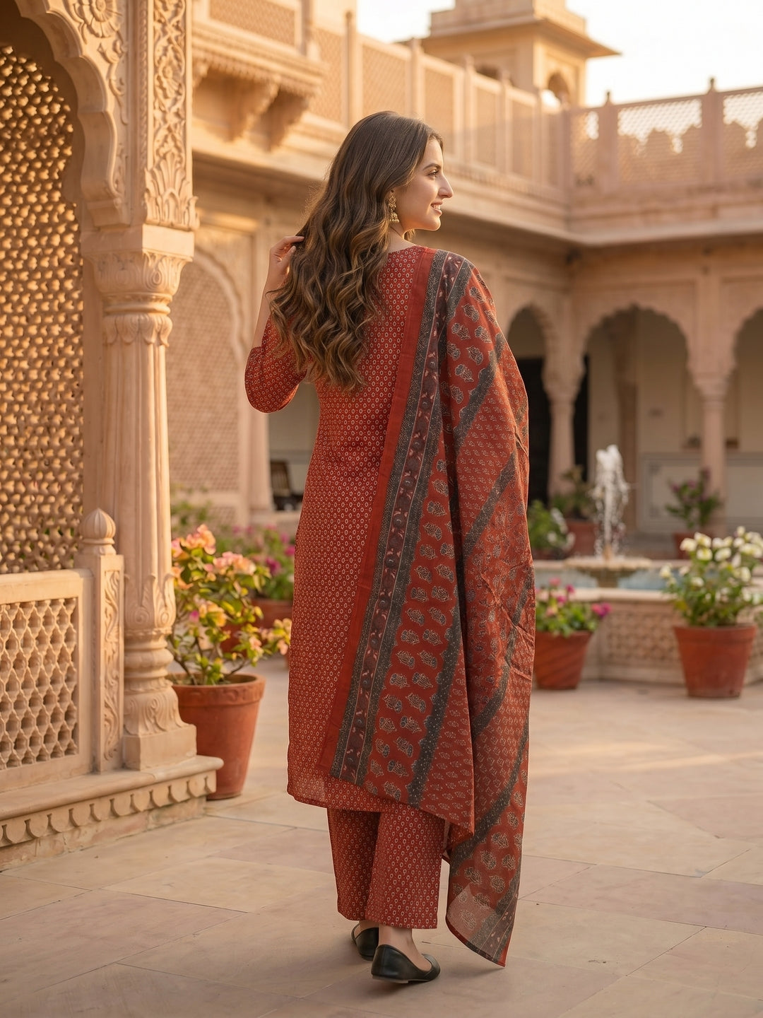 Ethnic Printed & Mirror Work Straight Kurta with Pant & Dupatta - Maroon