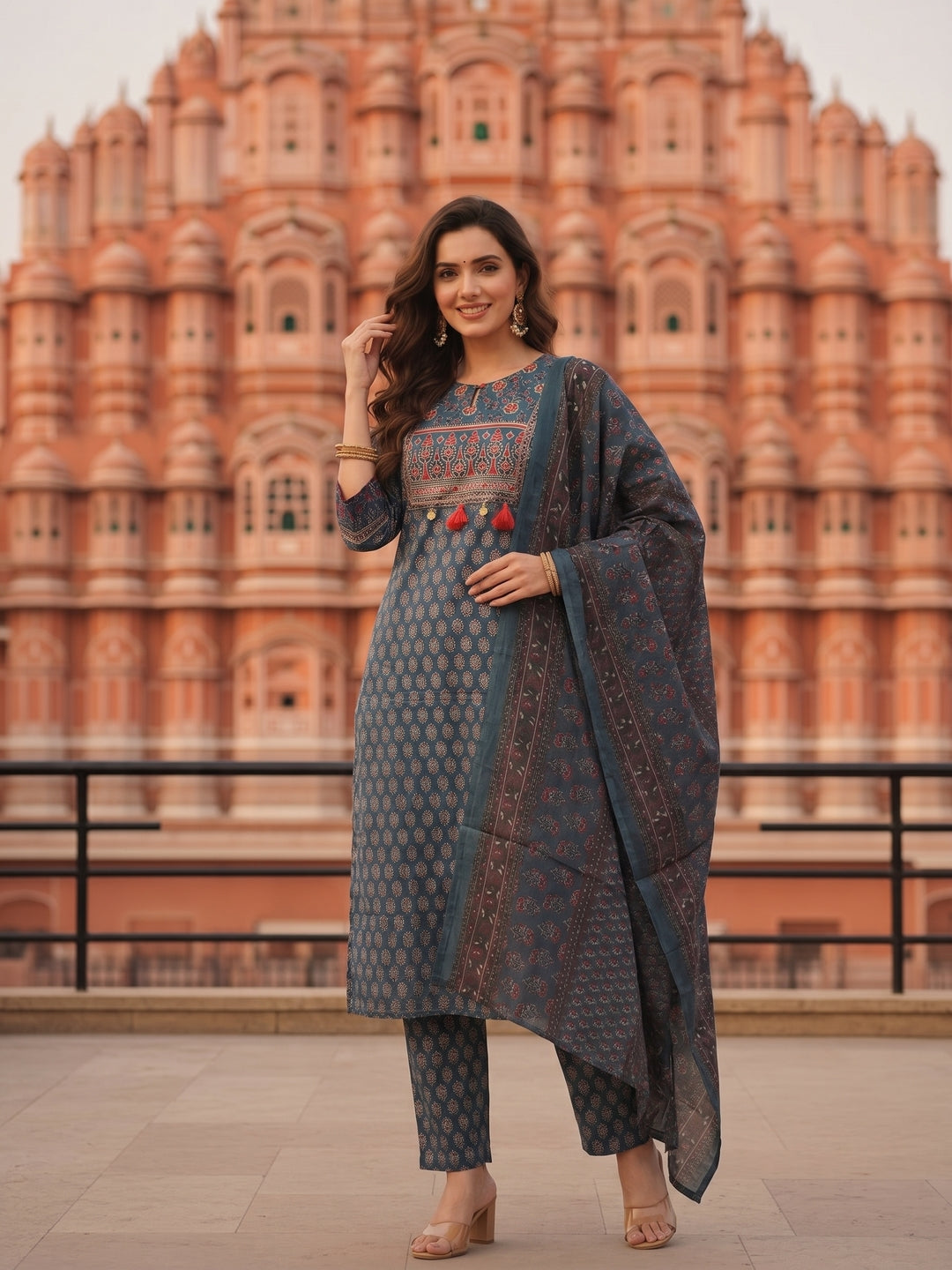 Ajrakh Print  Straight Kurta with Pant & Printed Voile Dupatta - Blue