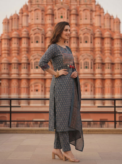 Ajrakh Print  Straight Kurta with Pant & Printed Voile Dupatta - Blue