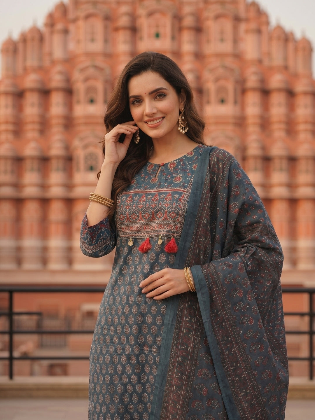 Ajrakh Print  Straight Kurta with Pant & Printed Voile Dupatta - Blue