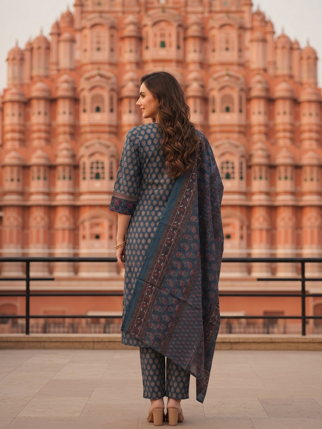 Ajrakh Print  Straight Kurta with Pant & Printed Voile Dupatta - Blue