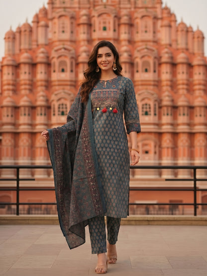 Ajrakh Print  Straight Kurta with Pant & Printed Voile Dupatta - Blue