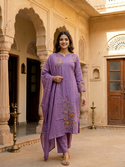 Floral Embroidered Straight Kurta with Pant & Dupatta - Lavender