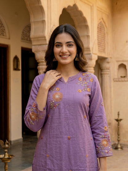 Floral Embroidered Straight Kurta with Pant & Dupatta - Lavender