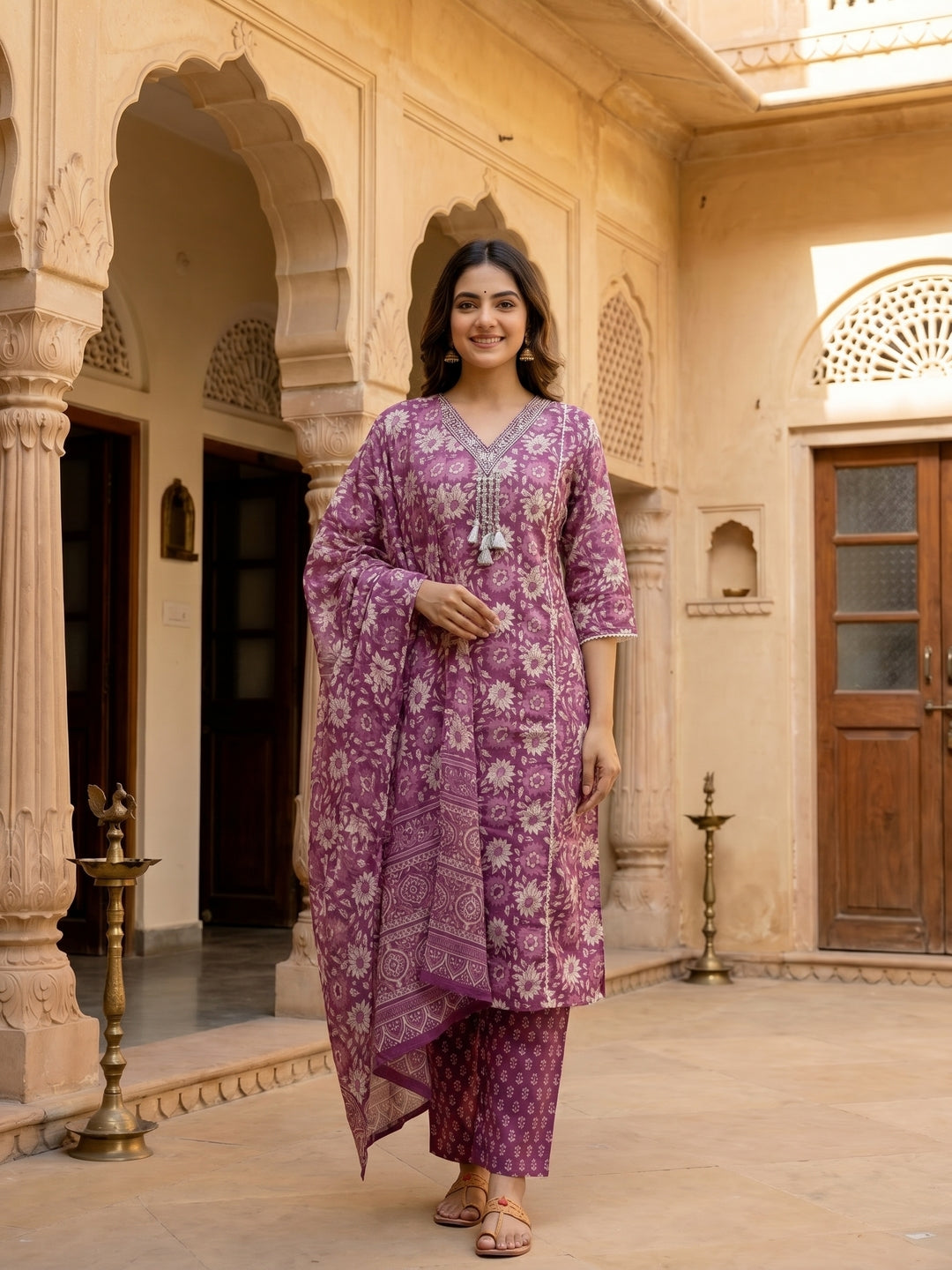 Ethnic Floral Printed & Mirror Work Straight Kurta with Pant & Dupatta - Purple