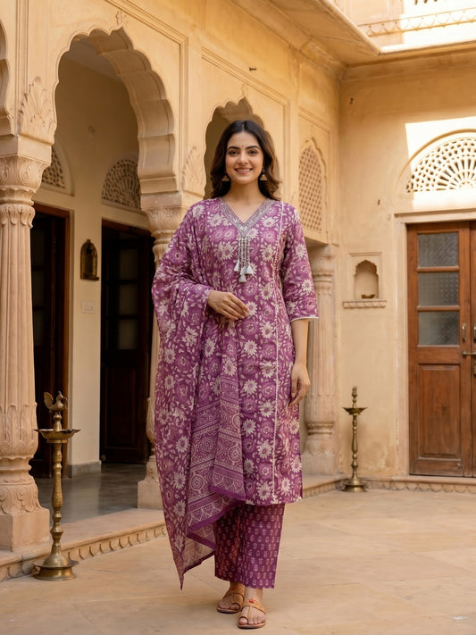 Ethnic Floral Printed & Mirror Work Straight Kurta with Pant & Dupatta - Purple