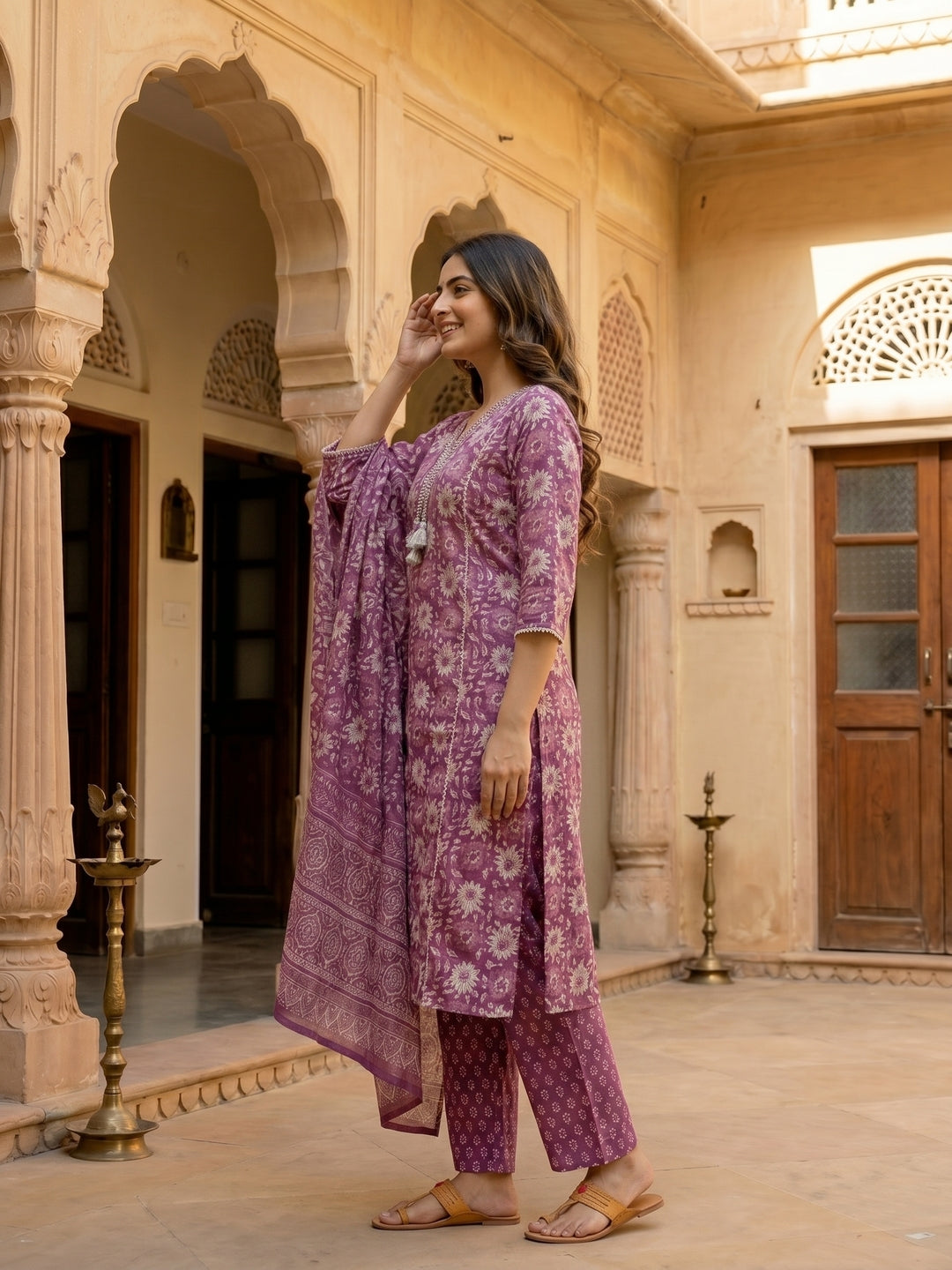 Ethnic Floral Printed & Mirror Work Straight Kurta with Pant & Dupatta - Purple