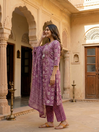Ethnic Floral Printed & Mirror Work Straight Kurta with Pant & Dupatta - Purple