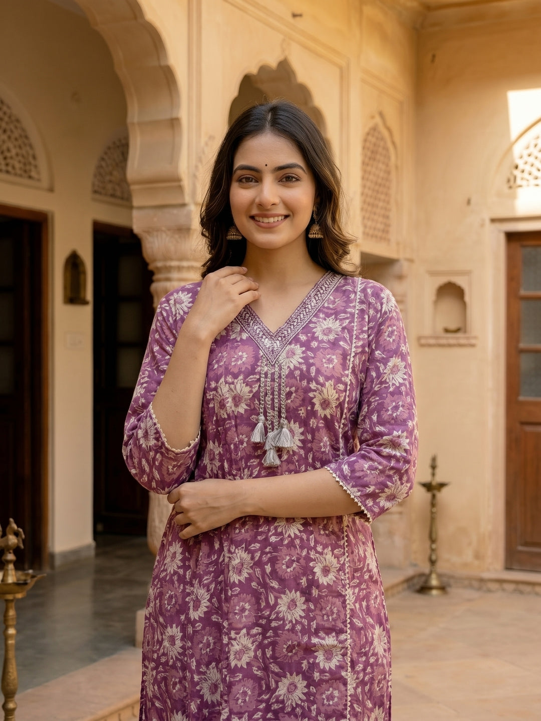 Ethnic Floral Printed & Mirror Work Straight Kurta with Pant & Dupatta - Purple