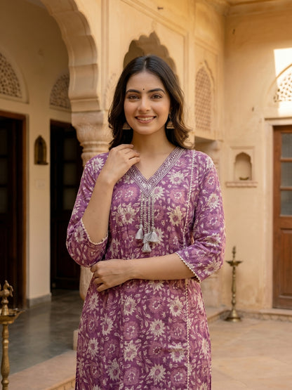 Ethnic Floral Printed & Mirror Work Straight Kurta with Pant & Dupatta - Purple