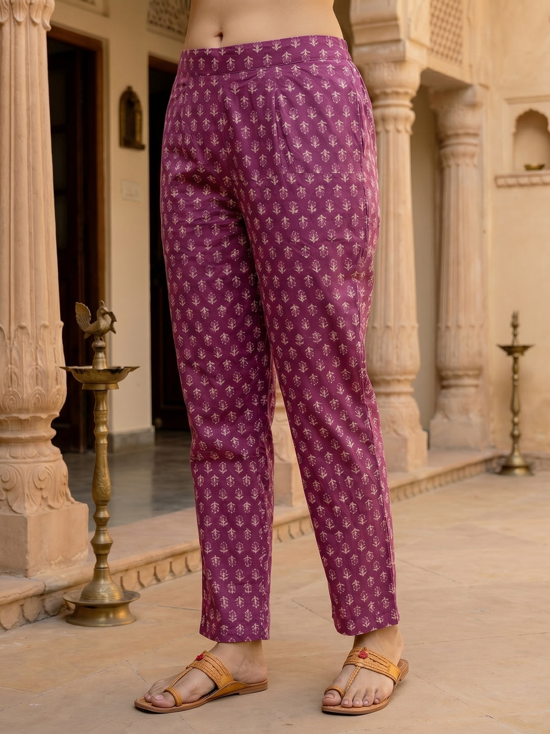 Ethnic Floral Printed & Mirror Work Straight Kurta with Pant & Dupatta - Purple