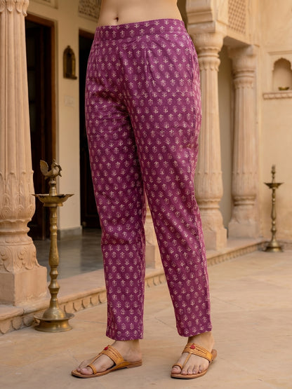 Ethnic Floral Printed & Mirror Work Straight Kurta with Pant & Dupatta - Purple