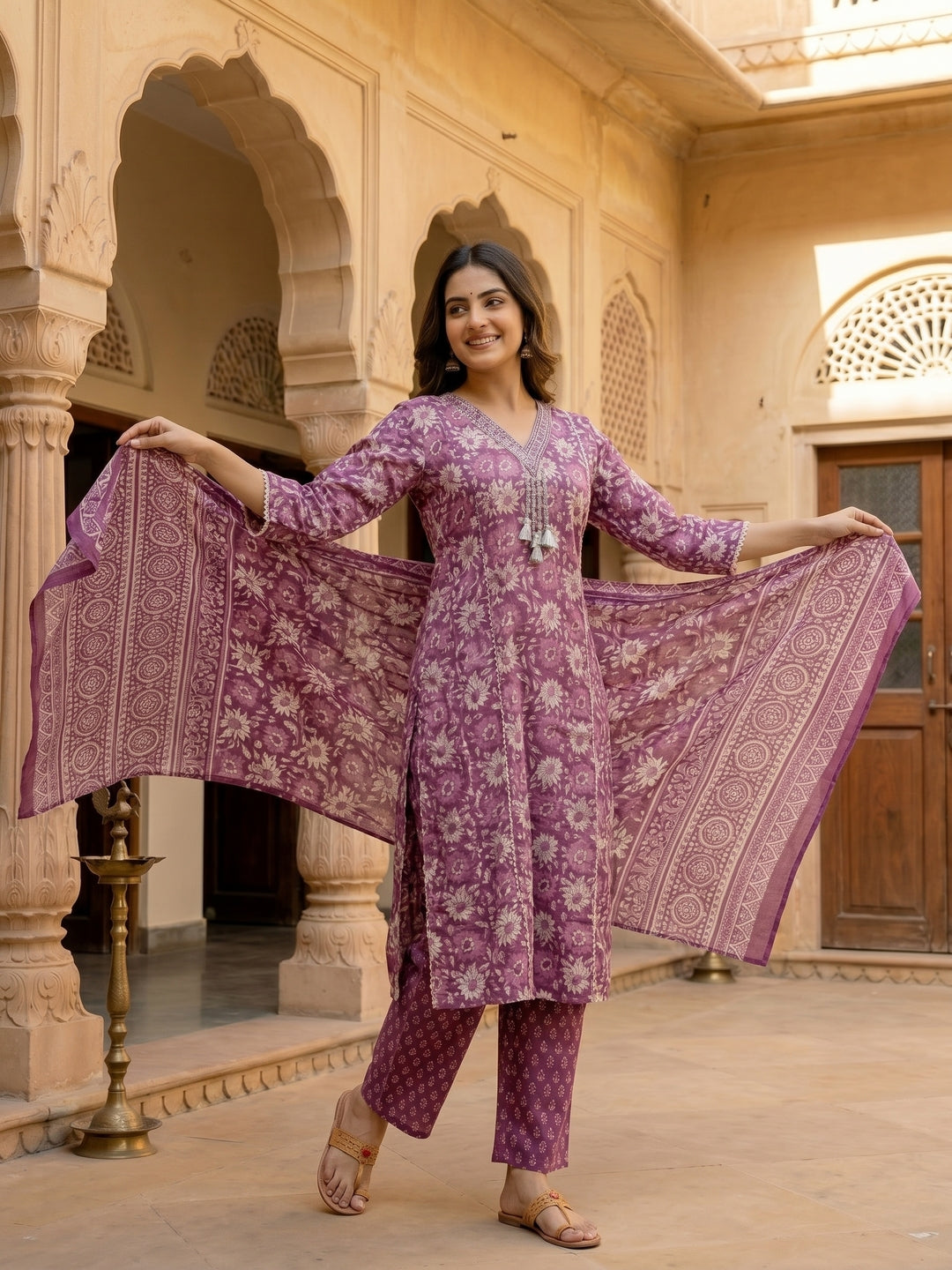 Ethnic Floral Printed & Mirror Work Straight Kurta with Pant & Dupatta - Purple